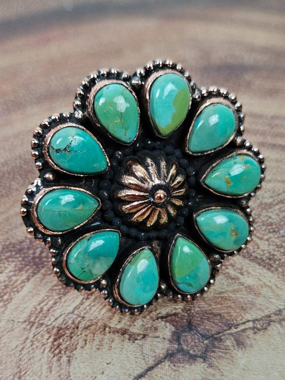 Kingman Mohave Turquoise Copper Large Full Cluster Flower Ring 5-12 Adjustable